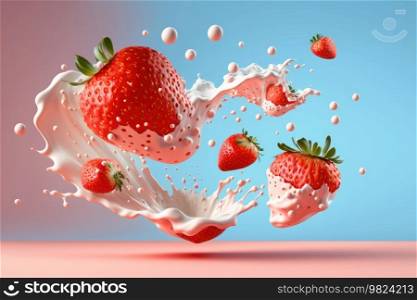 Strawberry with cream. Illustration Generative AI