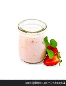 Strawberry yogurt in a glass jar, strawberry and mint isolated on white background