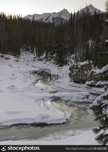 Stream flowing in snow covered valley in winter, Emerald Lake, Yoho National Park, British Columbia, Canada