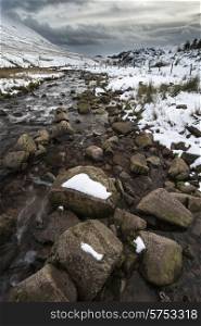 Stream flowing through snow covered Winter landscape in mountains
