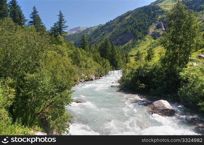 stream in Ferret valley on summer Courmayeur, Italy
