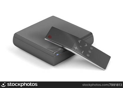 Streaming media player with remote control on white background