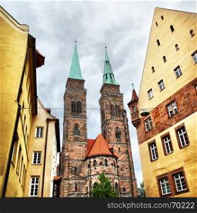 Street and Holy Sebaldus Church in Nuremberg, Germany