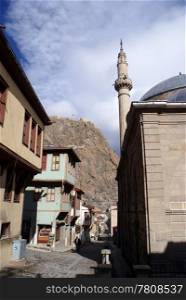 Street and Mevlana mosque in Afyon, Turkey