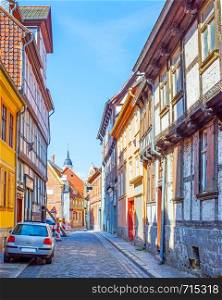 Street and old timber framing houses in Quedlinburg, Germany