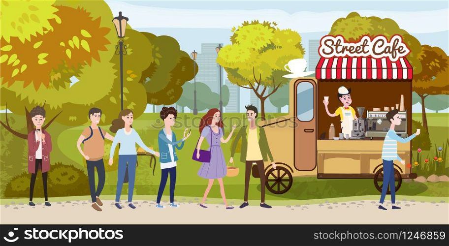 Street cafe queue color illustration. Smiling people in city park waiting for drinks. Coffee break. Flat characters. Street cafe coffee to go. Autumn landscape. Vector cartoon banner design. Street cafe queue color illustration