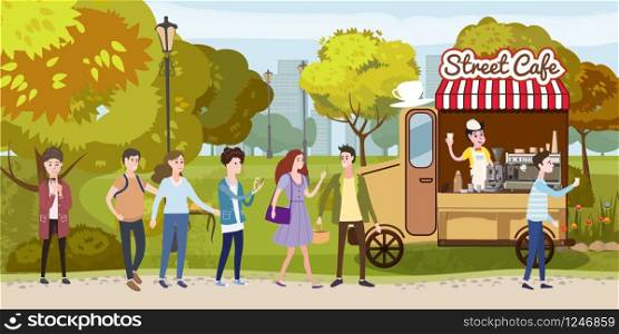 Street cafe queue color illustration. Smiling people in city park waiting for drinks. Coffee break. Flat characters. Street cafe coffee to go. Autumn landscape. Vector cartoon banner design. Street cafe queue color illustration
