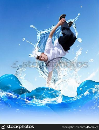 Street dancer in a white shirt on an abstract background. collage