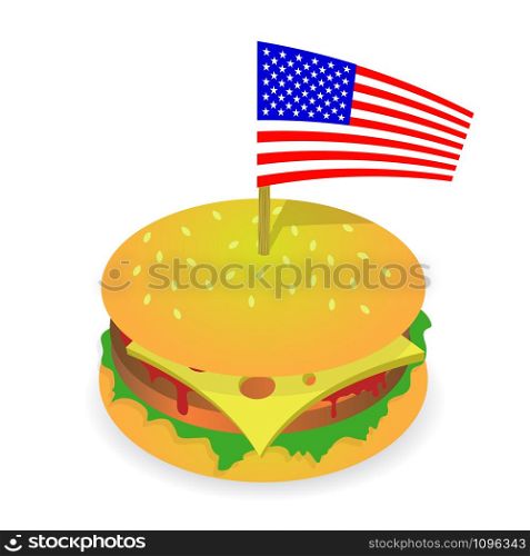 Street Fast Food. Fresh Hamburger and American Flag. Unhealthy High Calorie Meal. Sandwich with Cheese.. Street Fast Food. Fresh Hamburger and American Flag. Unhealthy High Calorie Meal. Sandwich with Cheese