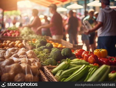Street food farmers market with fruits and vegetables on summer sunny day.AI Generative