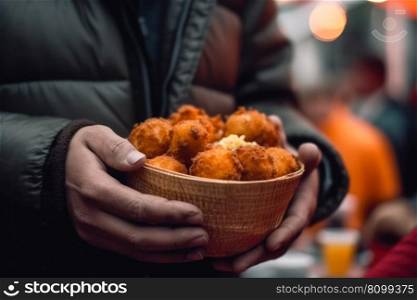 street food, hand hold fried chicken nuggets in plate generative ai.