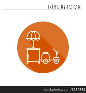 Street food retail thin line icon. Tricycle trade cart. Fast food trolley motorcycle, motorbike. Wheel shop, mobile kiosk, stall. Vector style linear icon. Isolated illustration. Symbols. Street food retail thin line icon. Tricycle trade cart. Fast food trolley motorcycle, motorbike. Wheel shop, mobile kiosk, stall. Vector style linear icon. Isolated flat illustration. Symbols