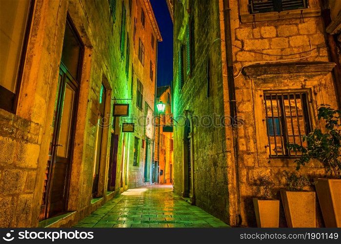 Street in Old Town of Kotor at night. Night in Kotor
