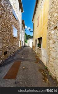 Street in the medieval city of Mons without people and cars in France. Mons is a commune in the Var department in the Provence-Alpes-CA?te d'Azur region in southeastern France.