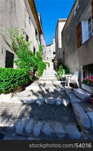 Street in the medieval city of Mons without people and cars in France. Mons is a commune in the Var department in the Provence-Alpes-CA?te d'Azur region in southeastern France.