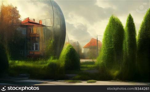 Street in the mystical city. Glass dome in the fog. Generative AI technology. Glass dome in the mystical city. Generative AI technology