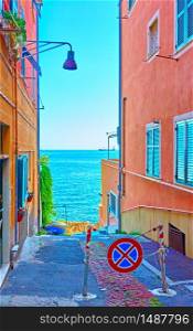 Street leading to the sea, Genova Nervi town, Genoa, Italy