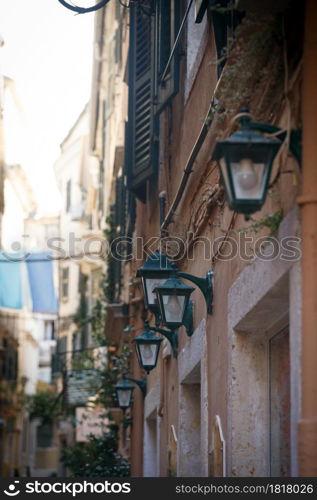 street lights on streets of the old town on the island of Corfu. kerkyra, Greece