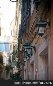 street lights on streets of the old town on the island of Corfu. kerkyra, Greece