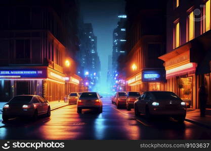 Street of a big city at night with light advertising, skyscrapers, cars and pedestrians in the lights, made with generative AI