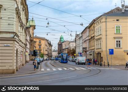street of the city of Krakow, tram public transport in the city
