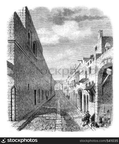 Street of the Knights in Rhodes, vintage engraved illustration. Magasin Pittoresque 1857.