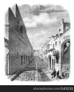 Street of the Knights in Rhodes, vintage engraved illustration. Magasin Pittoresque 1857.