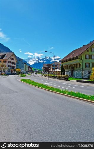 Street of the Ski Resort in the Swiss Alps in Spring