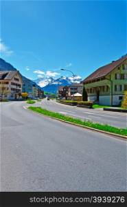 Street of the Ski Resort in the Swiss Alps in Spring