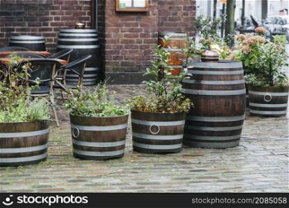 street plants wooden baskets barrels