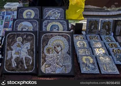 Street sale with icon of many saint in the Kyustendil town, Bulgaria