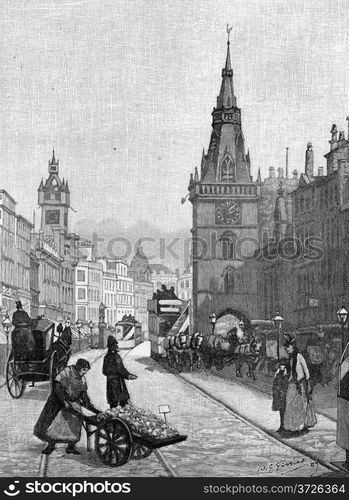 Street scene from 18th Century Glasgow, engraving from Selections from the Journal of John Wesley, 1891