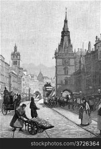Street scene from 18th Century Glasgow, engraving from Selections from the Journal of John Wesley, 1891