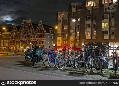 Street scene in Amsterdam the Netherlands at night