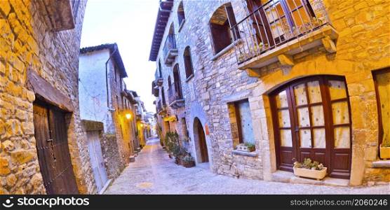 Street Scene, Typical Architecture, Medieval Village of Ainsa, Villa de Ainsa, Sobrarbe, Huesca, Aragon, Spain, Europe