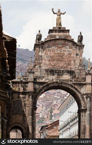 Street scene with a view over the rooftops of Cusco, Peru