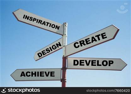 Street sign with inspiration, design, create, develop, achieve