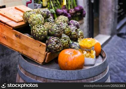 Street still life. Rome, outdoor restaurant decoration with fresh seasonal vegetables .Italian food and ingredients
