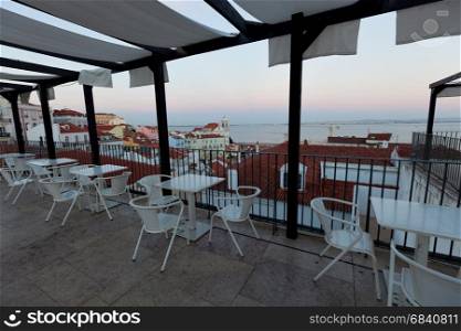 Street summer cafe terrace. Lisbon, Portugal