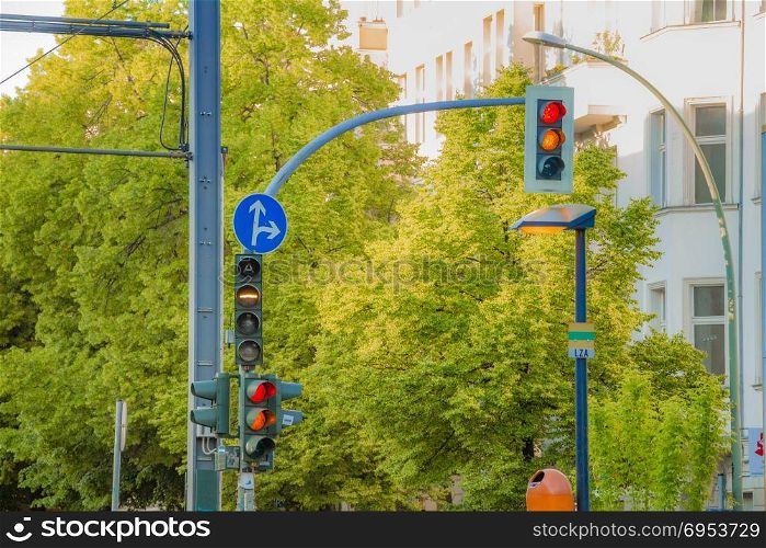Street traffic lights for road vehicles and tram in the city of Berlin