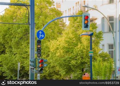 Street traffic lights for road vehicles and tram in the city of Berlin