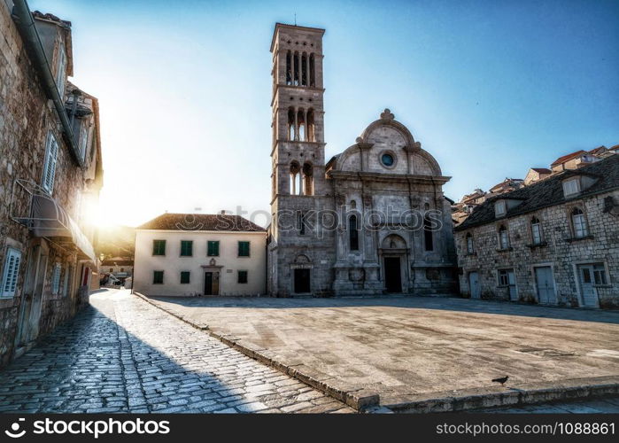 Street view of Hvar Town in Croatia. Hvar Town is the famous town for summer beach vacation on Hvar Island in Dalmatia, Croaita.