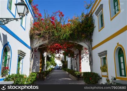 Street view with colorful alley with red flowers and white houses at the town Puerto de Mogan at Gran Canaria, Spain