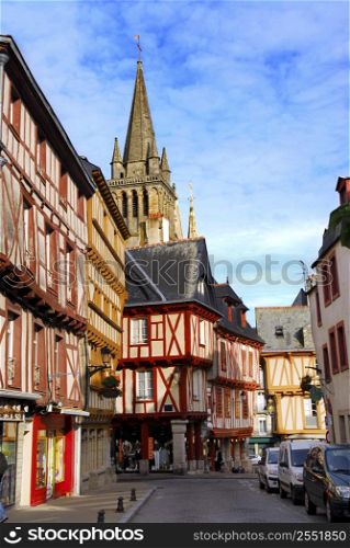 Street with colorful houses in a medieval city of Vannes, Brittany, France.