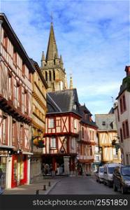 Street with colorful houses in a medieval city of Vannes, Brittany, France.
