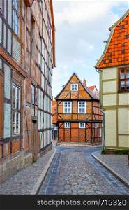 Street with fachwerk houses in Quedlinburg, Germany