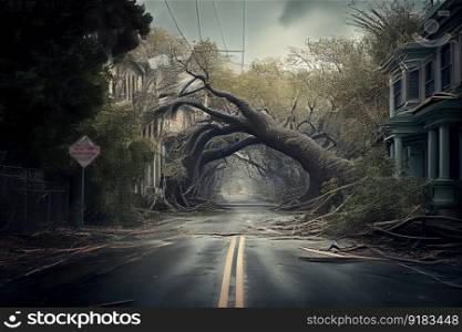 street with fallen down trees and branches during aftermath hurricane, created with generative ai. street with fallen down trees and branches during aftermath hurricane