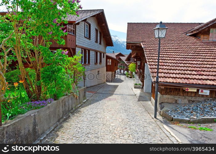 Street with Old Wooden Buildings in Swiss Village