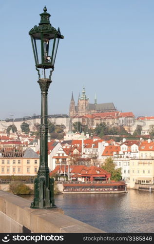 Streetlamp on Charles Bridge - Prague Castle in Background, Czech Republic