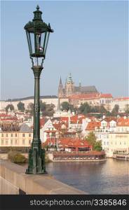 Streetlamp on Charles Bridge - Prague Castle in Background, Czech Republic